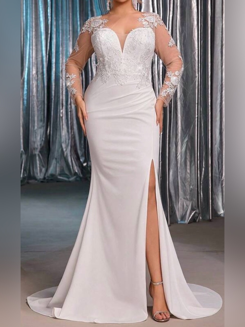 Elegant White Lace-Accent Long Sleeve Dress